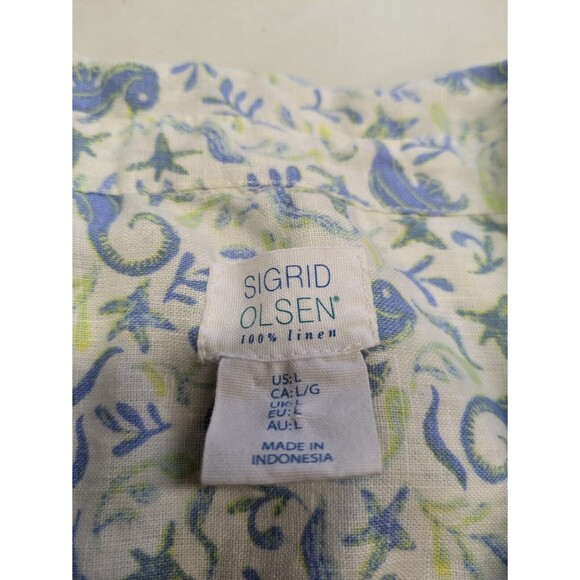 Sigrid Olsen 100% Linen Tunic Button Up Shirt Sea Horse Nautical Starfish Large - Picture 9 of 13
